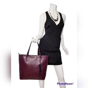 KATE SPADE NEW YORK MAROON TOTE SHOULDER BAG PURSE LEATHER LARGE BOW EUC